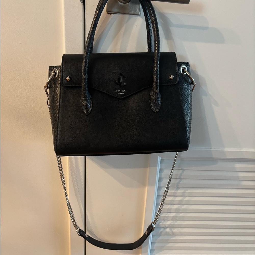 Jimmy Choo Black Leather Small Satchel with Python color Accents and Chain Strap